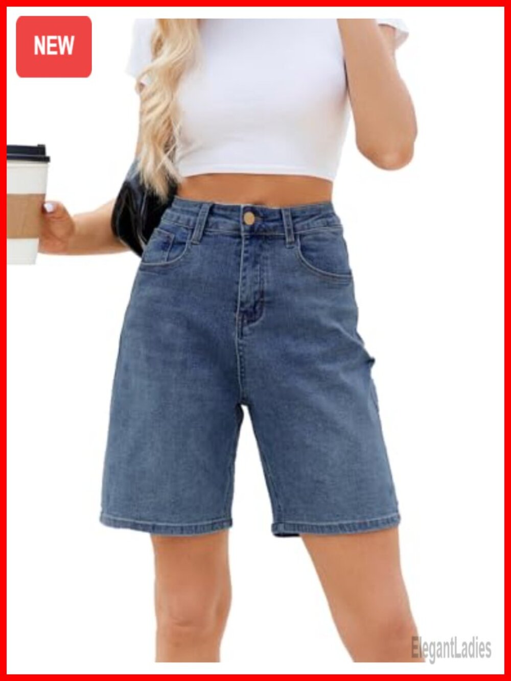 High Waisted Stretch Denim Bermuda Shorts Casual Zipper
